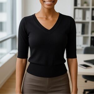 Banana Republic Petite Navy Knit V-Neck Elbow Sleeve Top PS GUC